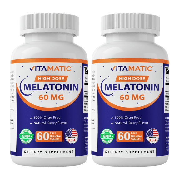 Vitamatic Melatonin 60mg Fast Dissolve Tablets - 60 Vegan Natural Berry Flavor Tablets - Non-Habit Forming - Non-GMO, Gluten Free (2 Bottles)