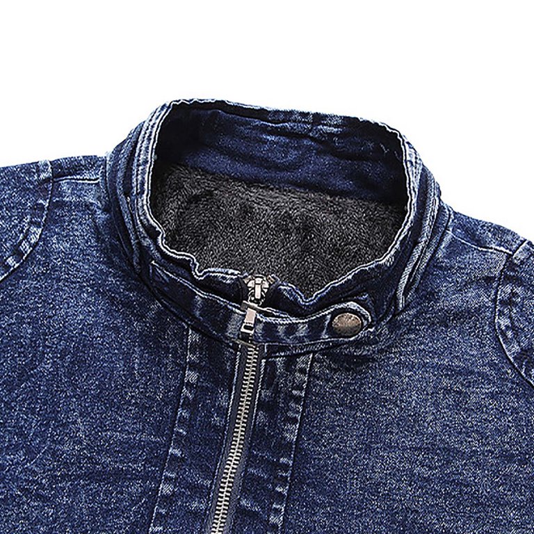 Men's Casual Fleece Zipper Button Fall Winter Plush Liner Denim Jacket  Stretch Washed Denim Tops Jackets Padded Thicker Workwear Warm Mid-length