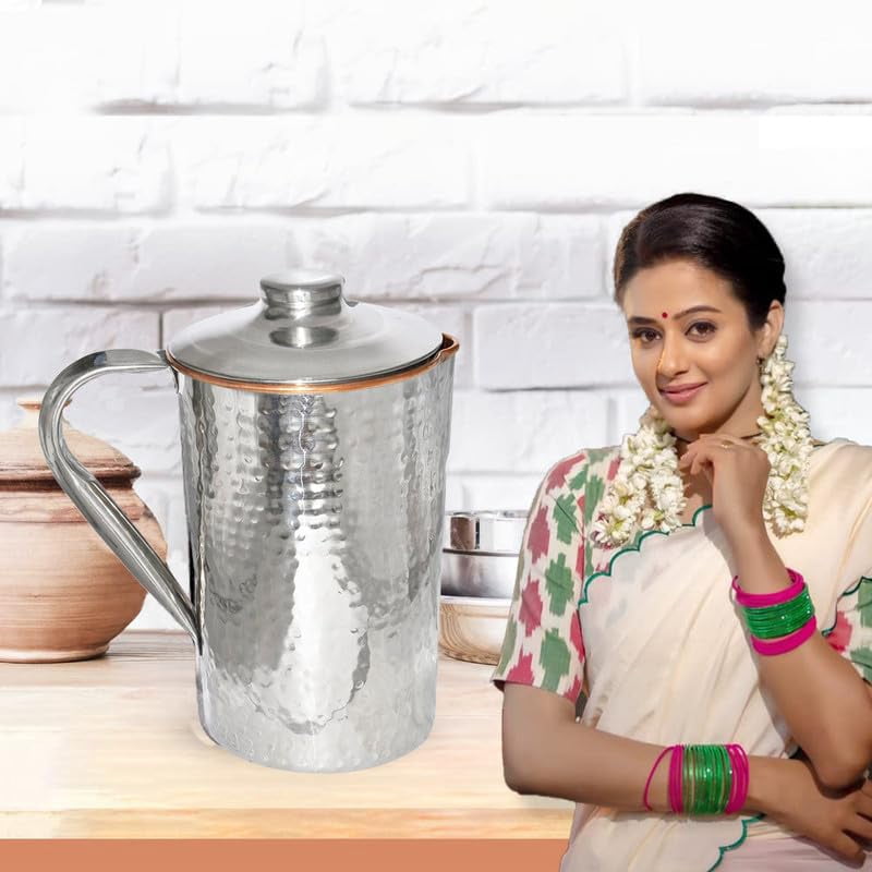 IMTRA FASHION Pure Copper and Stainless Steel Pitcher 50.7 Fl Oz Hammered Water Jug With Lid for Drinking Ayurveda Health Benefits