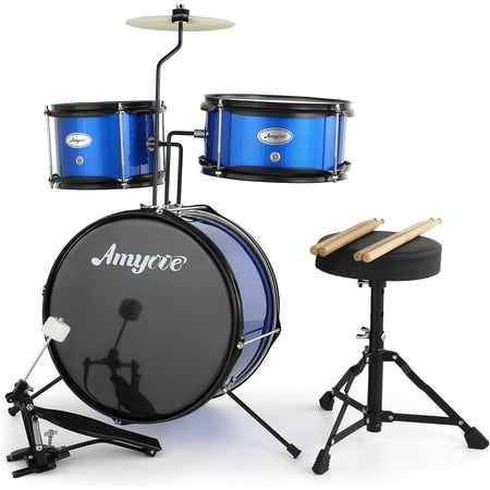 3-Piece Drum Set, Wood & Metal Construction, Includes Bass Drum, 2 Toms, Cymbal, Sticks, Bass Pedal & Stool, Complete Beginner Percussion Kit, Blue