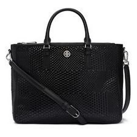 Best Tory Burch Robinson Double Zip Woven Leather Multi Tote Black Leather Bag deal
