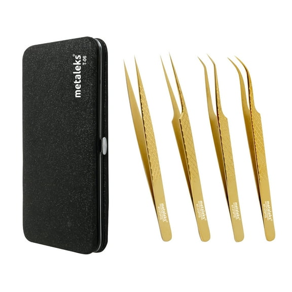 4PCS - 14CM Golden Titanium Coated Eyelash Extension Tweezers With Black Glitter Elastic Kit Made of Japanese Stainless Steel