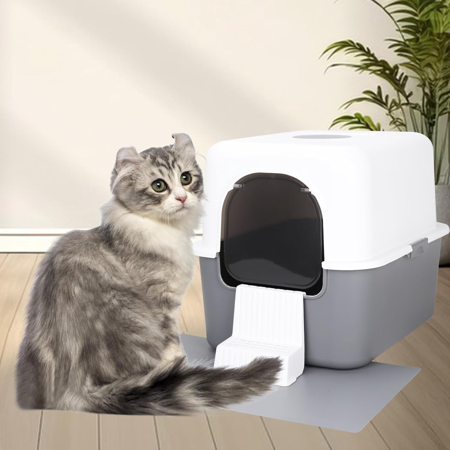 Cat Urine Litter Box with Pedal, Fully Enclosed Leak-Proof for Small Cats Under 8 IB, High Edge and Odorless, Easy to Carry and Clean (Grey with Handle, S)