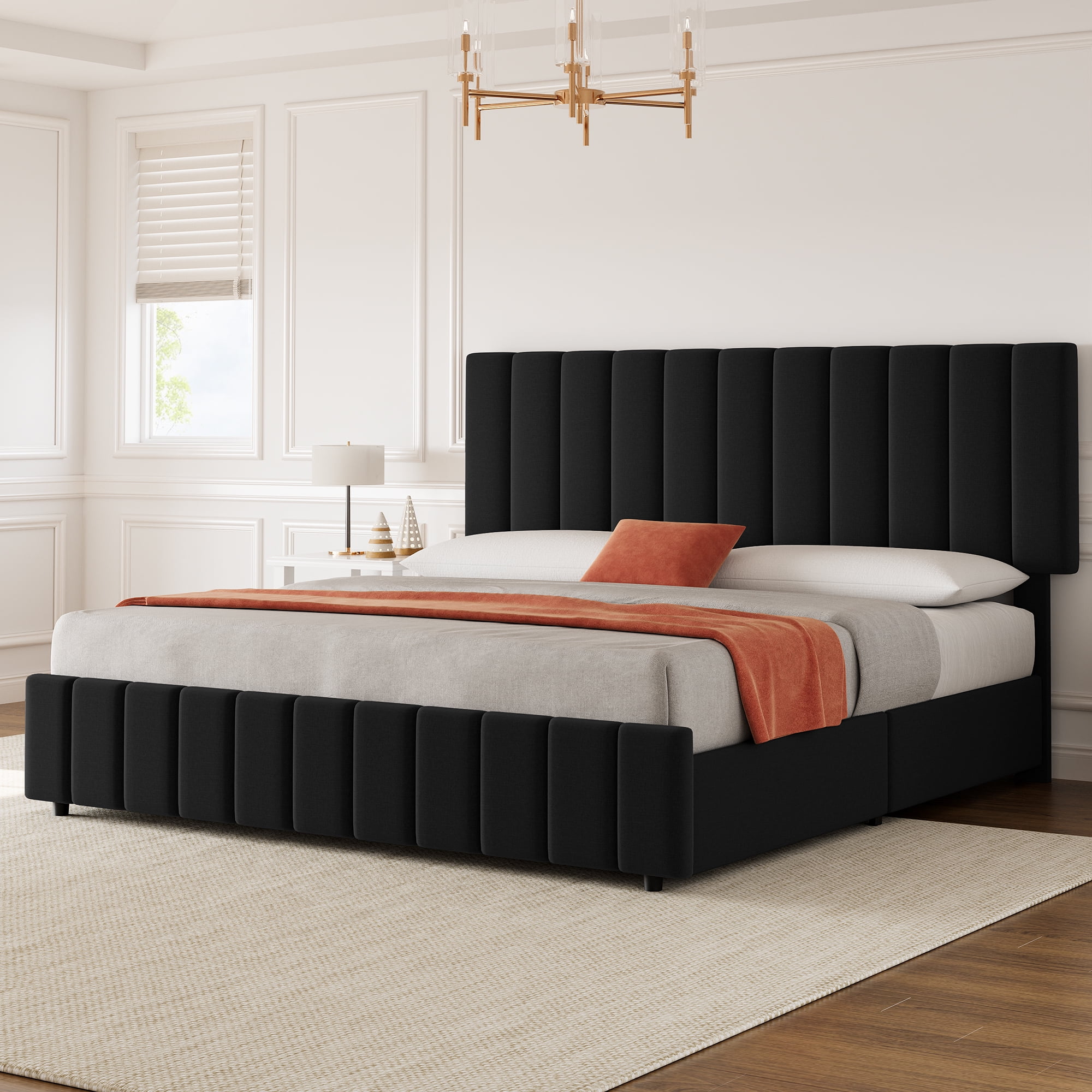 Upholstered Platform Queen Size Bed Frame with Adjustable Headboard,Queen Size Bed Frame with 4 Storage Drawers,Linen Upholstered Platform Bed Frame with Wooden Slats Support,No Box Spring Needed