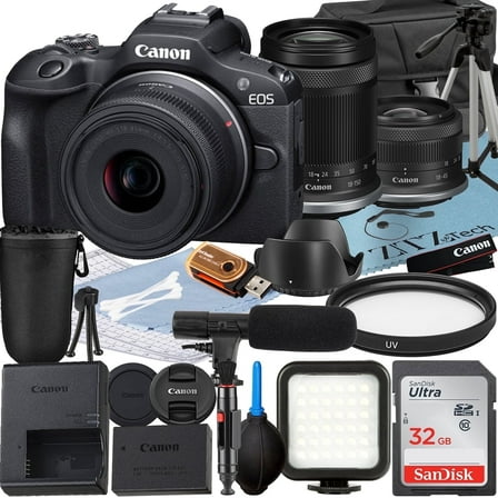 Canon EOS R100 Mirrorless Camera with RF-S 18-45mm   18-150mm Lens   SanDisk 32GB Memory Card   Case   LED Flash   ZeeTech Accessory Bundle