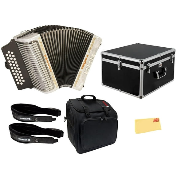 Hohner Corona II G/C/F Accordion - Pearl White Bundle with Case, Gig Bag, Straps, and Austin Bazaar Polishing Cloth