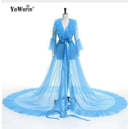 Lnzyyephy Women Summer Kimono Dress  Sheer Tulle V-Neck Long Flare Sleeves Floor-Length Night-Robe Lingerie  4 Colors