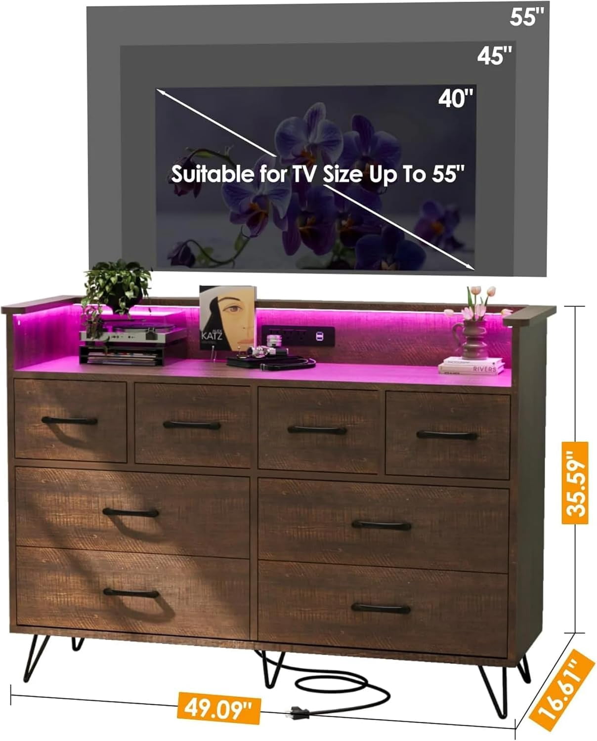 GAOMON 8 Drawer Dresser, Modern Dresser for Bedroom with Led Lights and Charging Station, Wooden Chest of Drawer with Open Space, Storage Organizer for Entryway, Living Room,Dark Brown