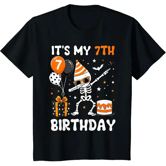7th Birthday Funny Skeleton 7 Years Old Bday Halloween Boys T-Shirt
