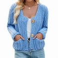 thumbnail image 2 of Women'S Long Sleeve Cropped Knit Cardigan 2025 Casual Button Down Crochet Sweater Tops with Pockets Dark Blue S, 2 of 9