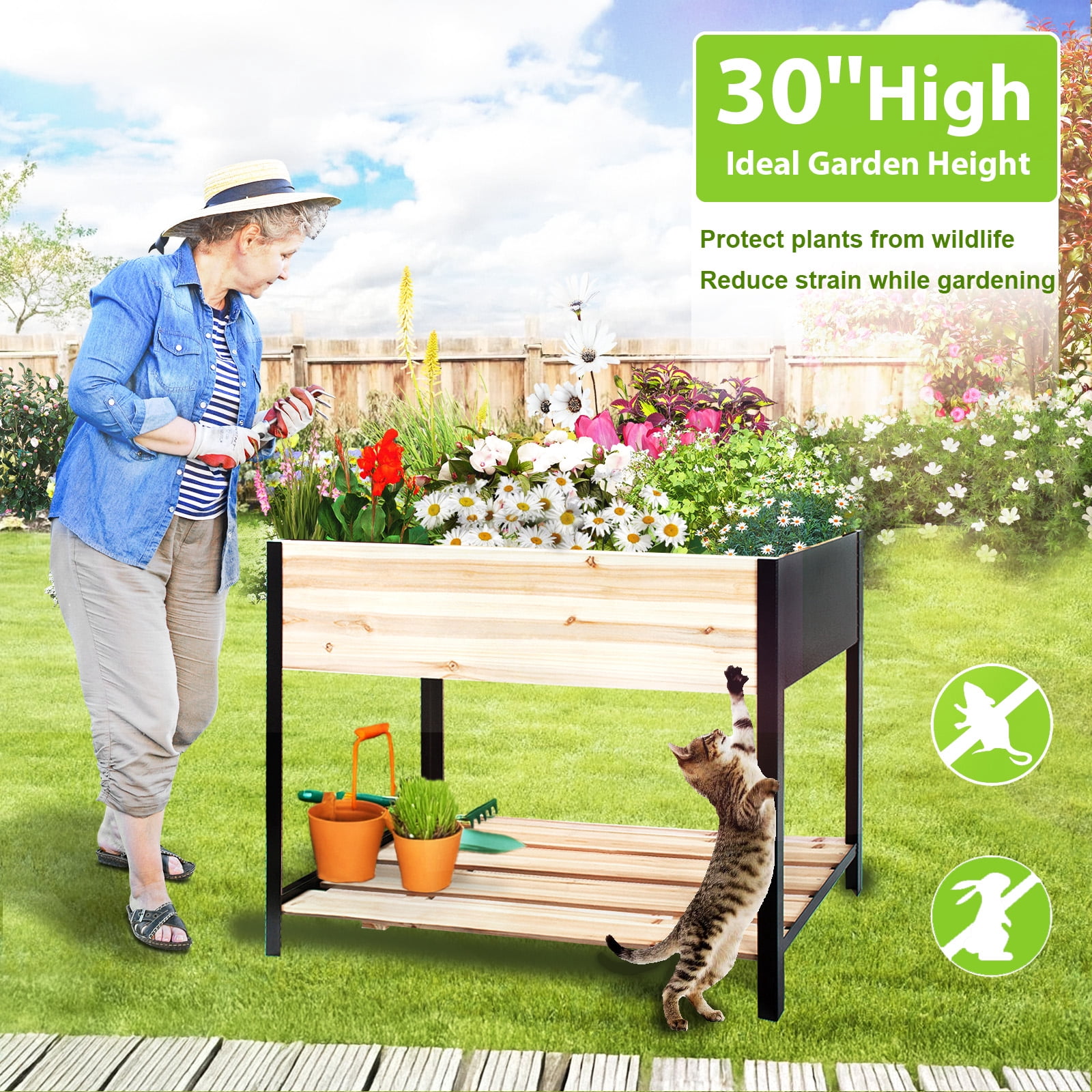 Raised Garden Bed with Legs Metal & Wood Elevated Planter Box Outdoor 4 Legs, 36(L) x18(W) x30(H) Inch