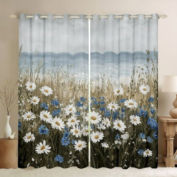 Erosebridal Floral Flower Curtains for Living Room,White Blue 30%-50% Blackout Curtains Set of 2 (38x45),Sea Room Decorative