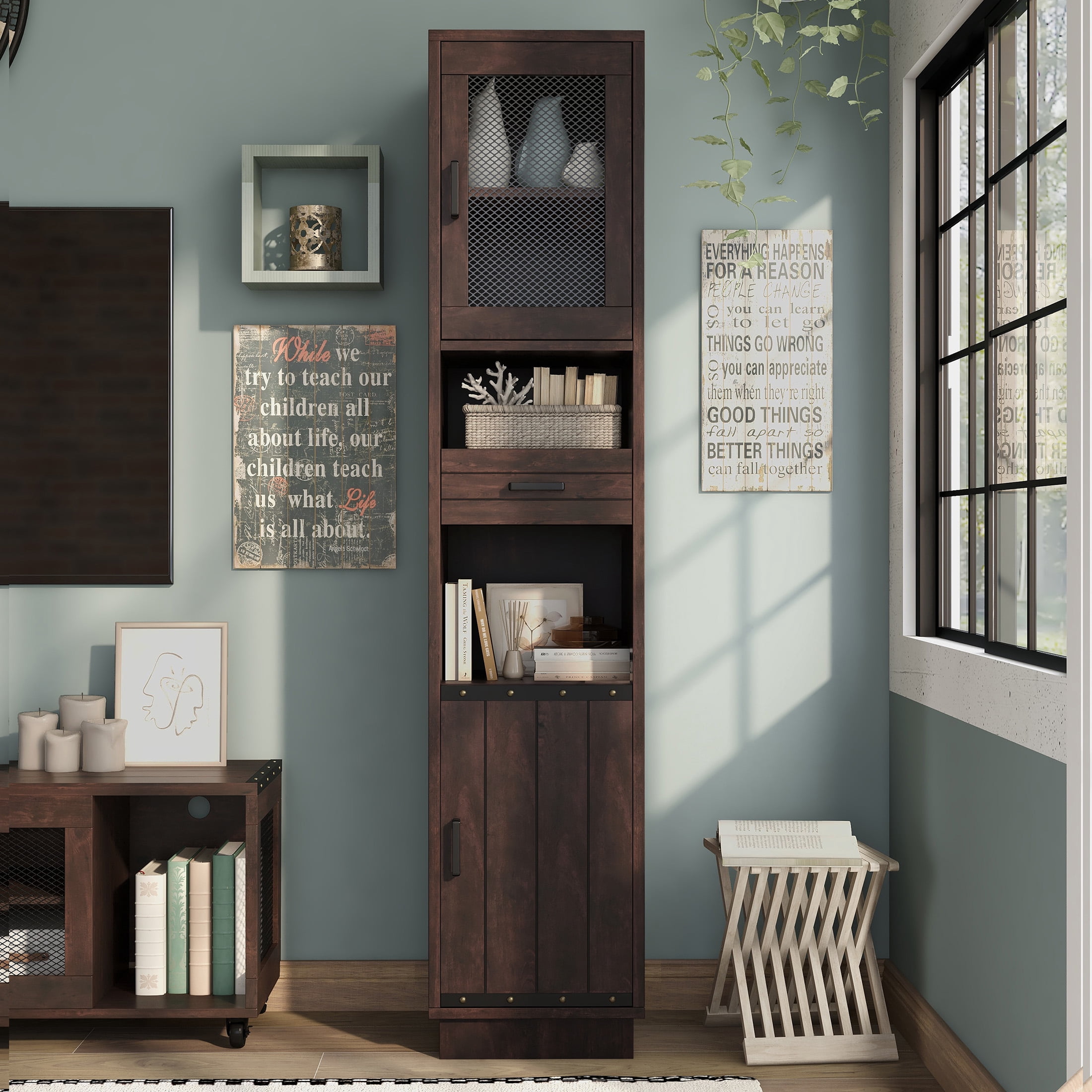 Furniture of America Mecka Tower Cabinet with 2 Doors, Vintage Walnut