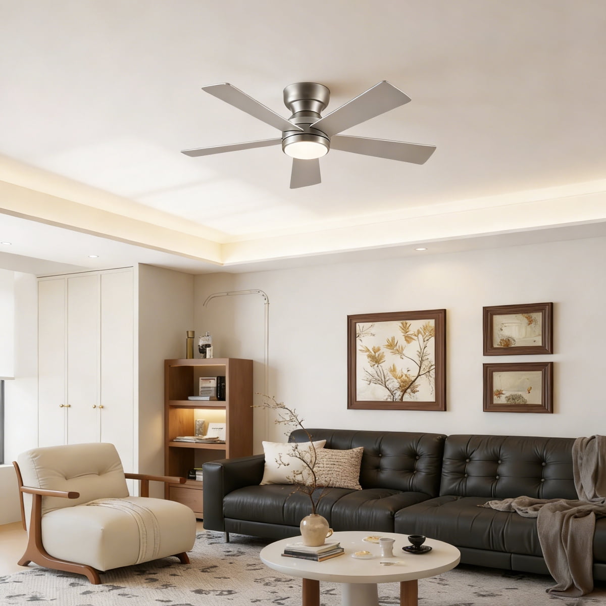 46" Flush Mount Ceiling Fan with Lights Remote Control,Quiet DC Motor 6 Plywood Blade Ceiling Fans 6 Speed Levels,Reversible Ceiling Fan,for Patio Living Room, Bedroom,Office,Indoor.( SLIVER)