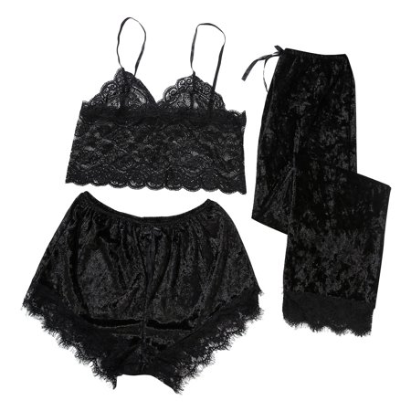 

Intimates Women s Pajamas Lace Velvet Solid Color Lace Three-Piece Pajamas Nightdress Underwear Sleepwear Other Simple Long Sleeve Shirts for Women Black