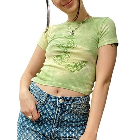 

Qiylii Women Close-fitting T-shirt Butterfly Print Round Collar Short Sleeve