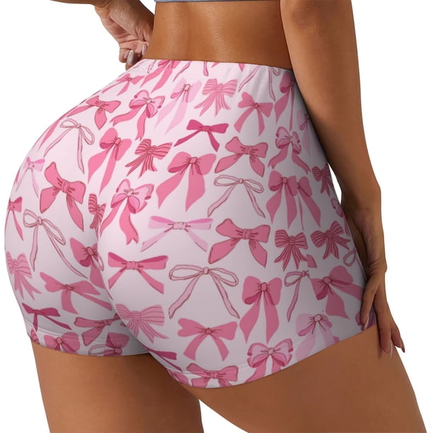 Fotbe Pink bows Shorts Sin Costuras – Shorts Deportivos de Cintura Alta para Mujer, Elásticos para Gimnasio, Yoga, Running o Ciclismo-Medium