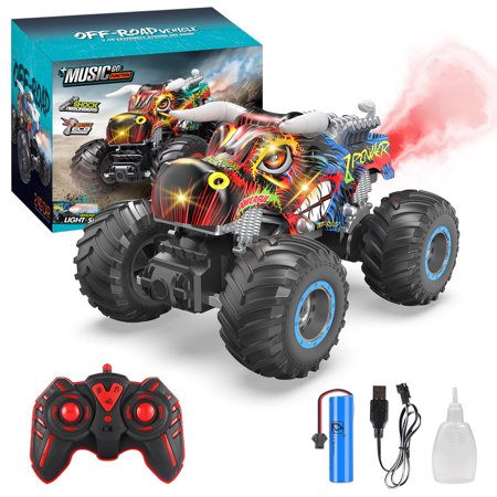Remote Control Monster Trucks 2.4 GHz All Terrain RC Car 1:16 Off-Road RC Trucks with Spray Music and Light for Boys 4-7 8-12 Kids Christmas Birthday Gift Toys