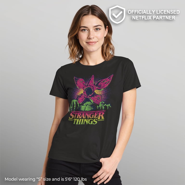 Netflix Women's Stranger Things Demogorgon Neon Pixel Logo T Shirt