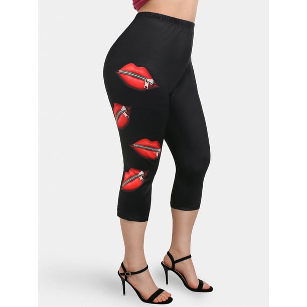Leggings Capa Talla Extra Estampado Labios Cremallera Rosegal Leggings de talla grande