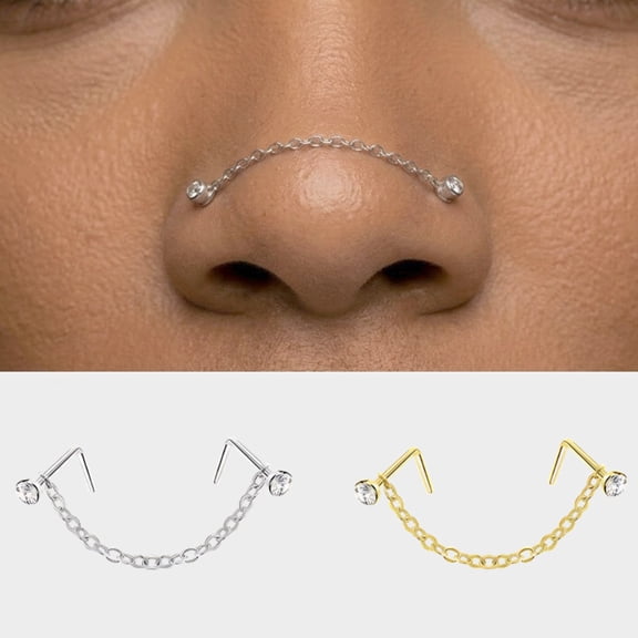 2PCS 316L Stainless Steel Nose Chain Rings, L-Shaped Nose Studs with CZ Ball Accents, Silver & Gold Nostril Jewelry, 1.38 in Chain Nose Piercing Jewelry for Women Men