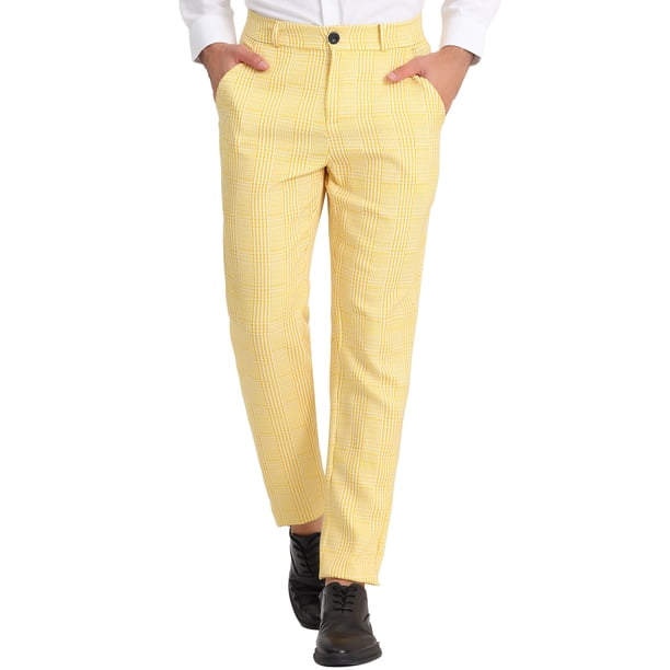 Pantalones de vestir ajustados con frente plano y bloque de color con estampado geométrico informal para hombre XXL Amarillo Blanco