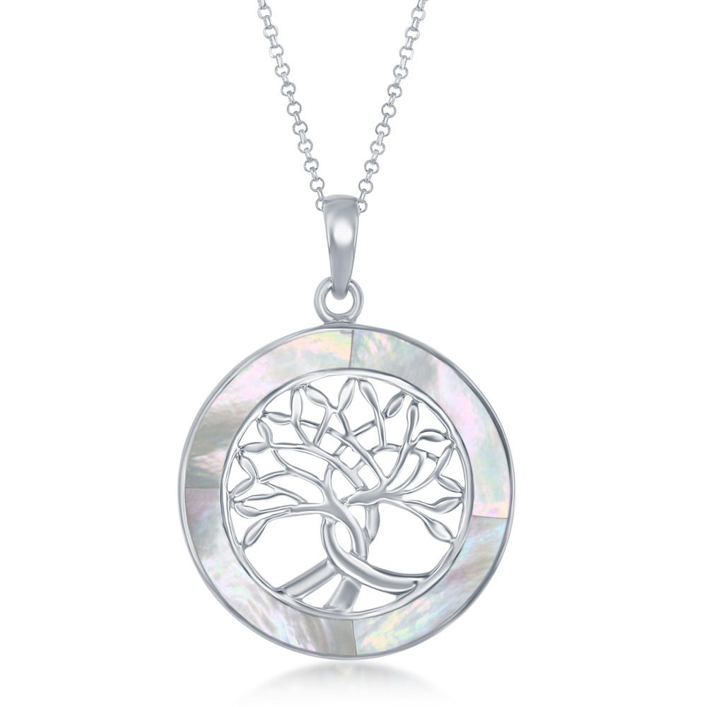 18' 925 Sterling Silver Abalone Shell Tree Of Life Round Pendant Necklace 