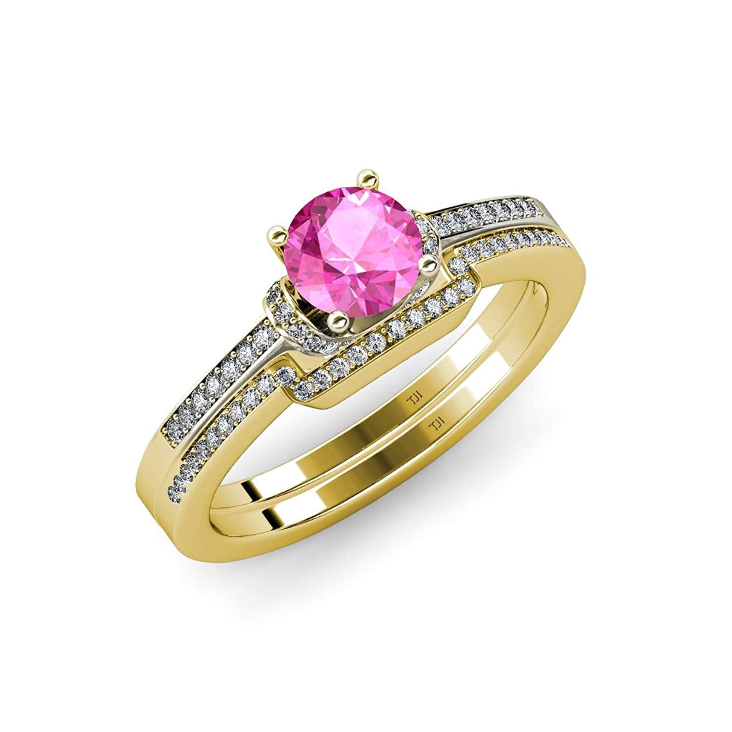 Pink Sapphire and Diamond Engagement Ring & Wedding Band Set 1.35 ct tw in 14K Yellow Gold.size 5.0 by TriJewels