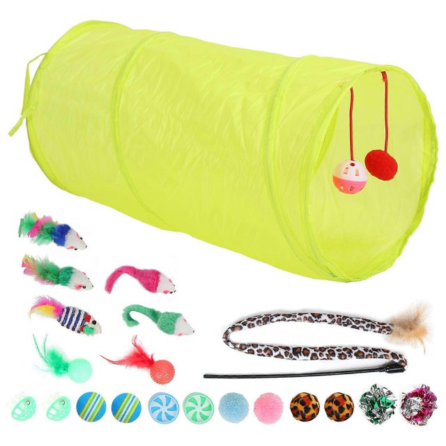 Cat Feather Toy Set Interactive Cat Toy Kitten Toy Assortments Includes Tunnel Cat Stick Balls Bells and Mice