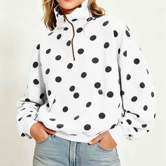 Women's Cropped Hoodie Baeitkot Women's Polka Half Zip Stand Collar Pullover Sweatshirt Casual Oversized Fleece Cropped Hoodie with Front Kangaroo Pocket White L