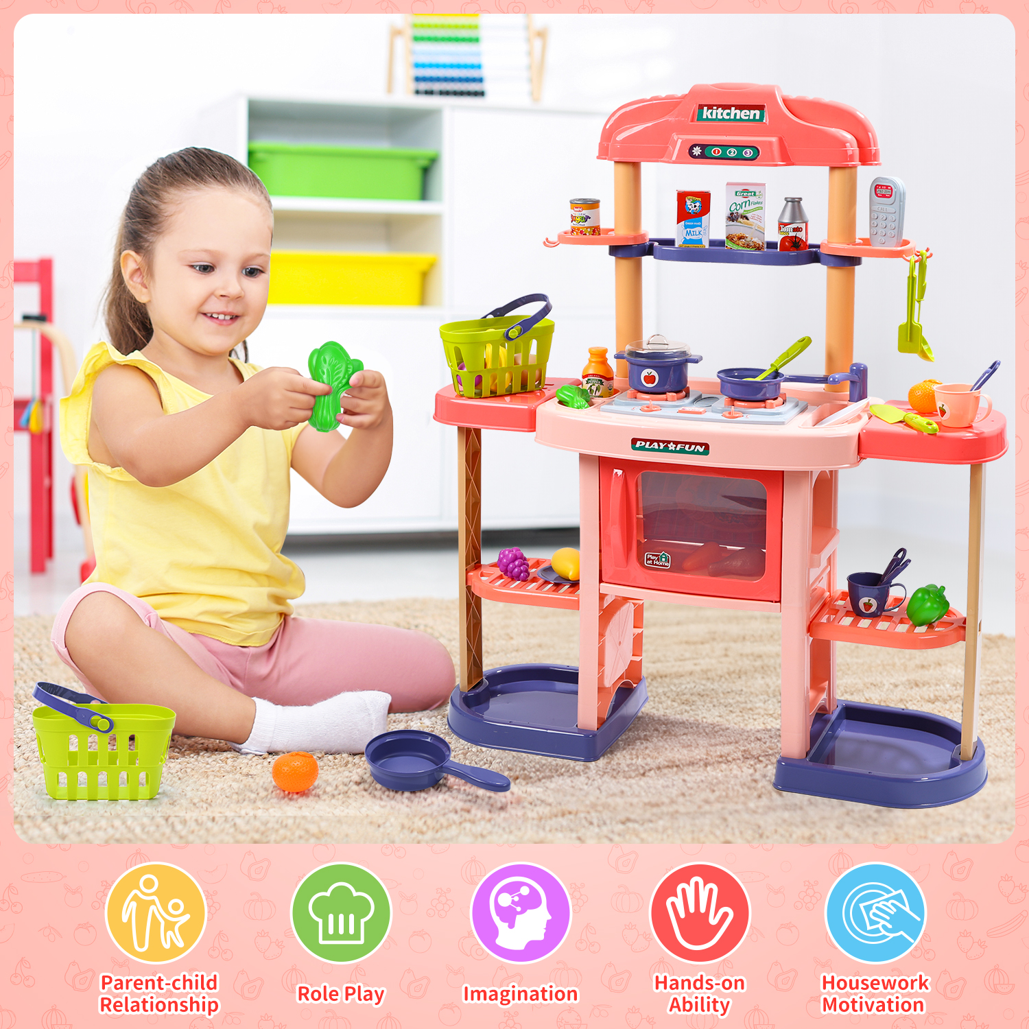 JoyStone Wooden Play Kitchen Set, Pretend Kitchen Toy with Ice Maker, Stove, Oven, Sink, Accessories, Modern Style Kitchen Playset for Kids and Toddlers Age 3+, Pink