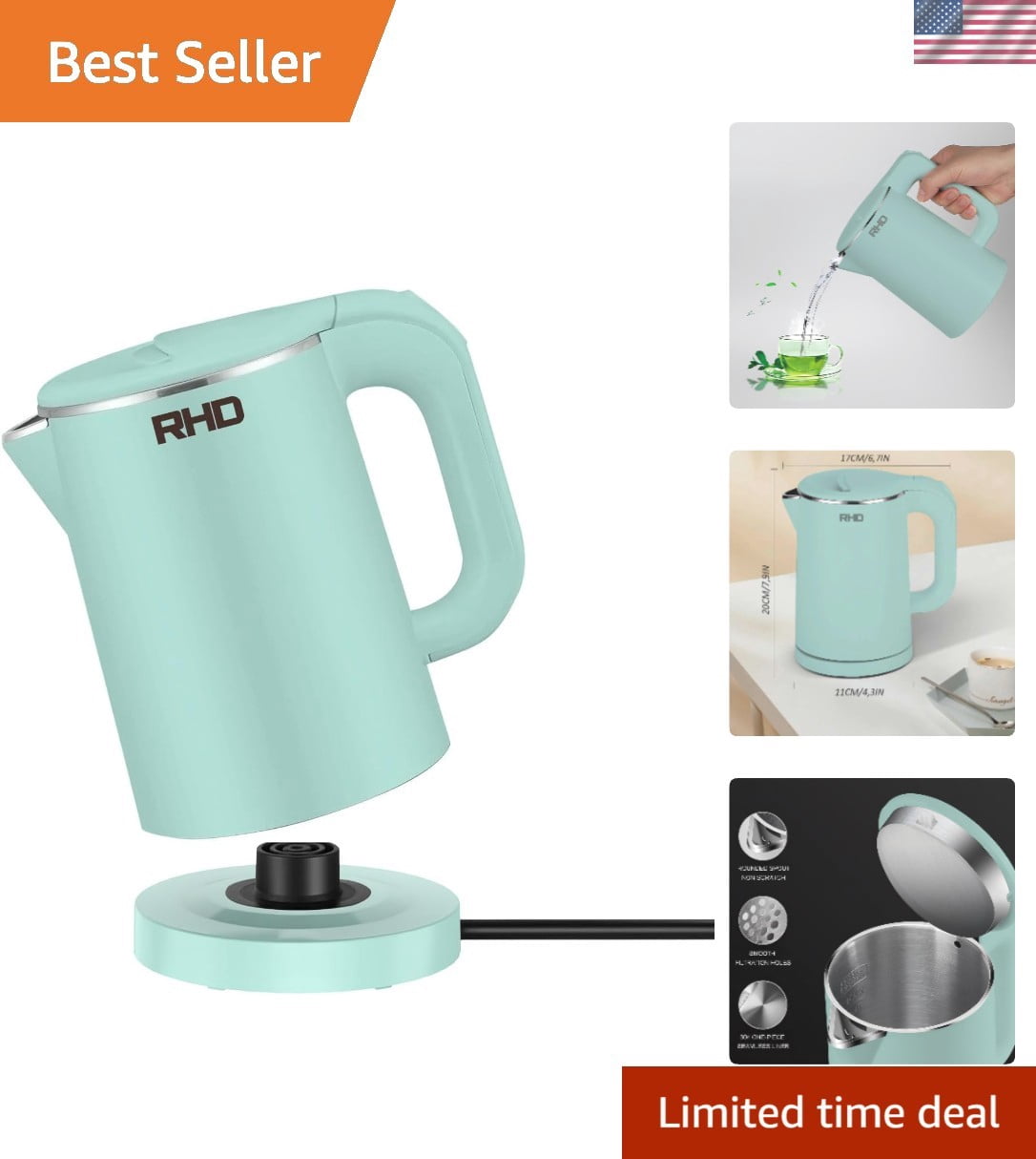 Compact 0.8L Stainless Steel Electric Kettle - Safe Fast Boil for Tea & Coffee