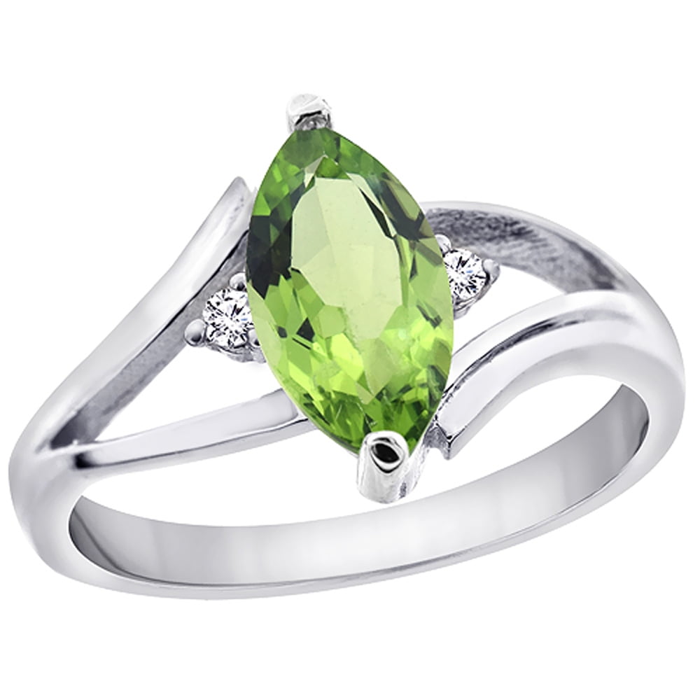 10K White Gold Natural Peridot Ring Marquise 10x5 mm Diamond Accent, sizes 5 10 with half sizes by WorldJewels