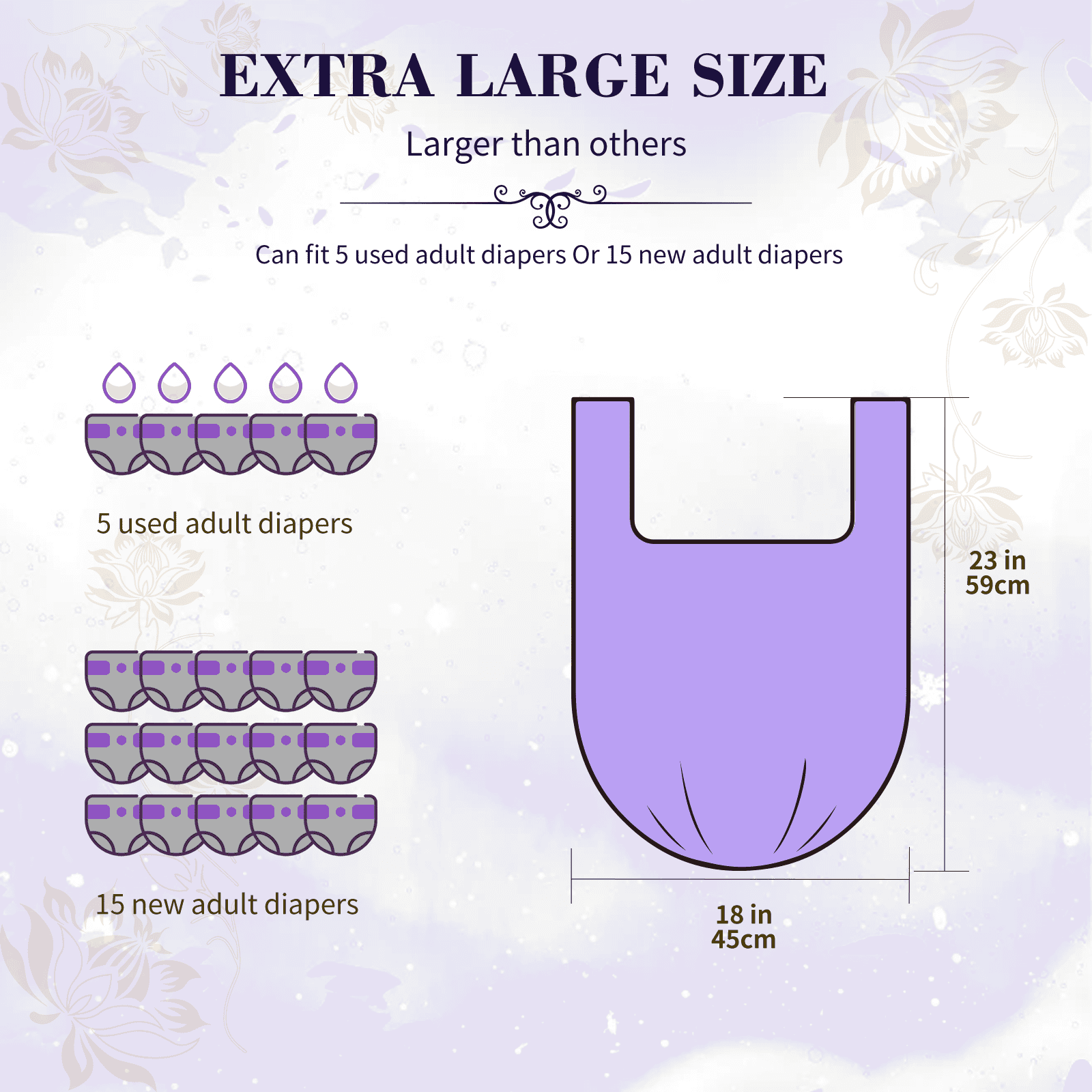 Dergik Large Diaper Bags for Adult&Baby, (18’’x23’’),96 Pcs, Vanilla Scented, for Elderly Waste Disposal, Baby Poop Bags, Sanitary Product at Home & Travel, Purple