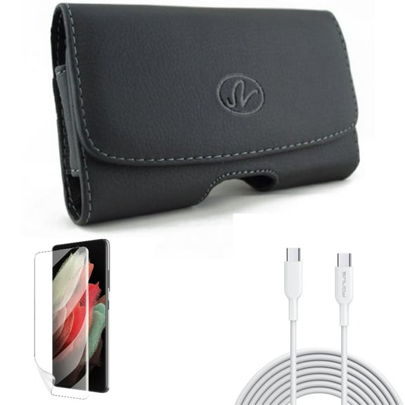 Matte Screen Protector & Case Belt Clip & 6ft Long Type-C Cable for Samsung Galaxy S22 Plus (S22 ) - Combo TPU Film Anti-Glare & Leather Swivel Holster & PD Fast Charger Cord Power Wire
