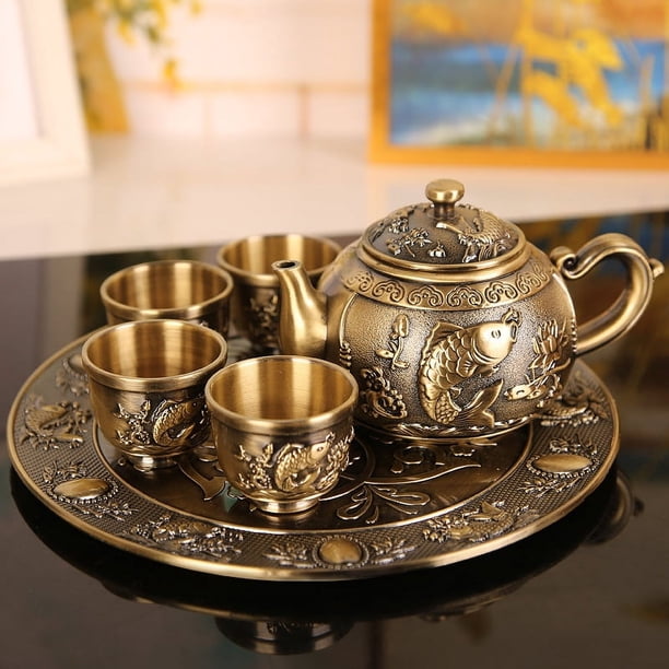 Juego de té blanco plateado, cuatro tazas por plato, una tetera pequeña, taza de té Kung Fu, estilo de alta gama