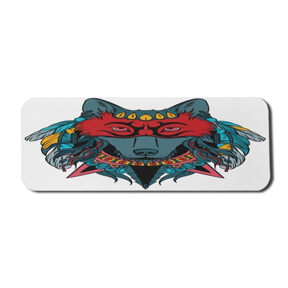 Tribal Computer Mouse Pad, Warrior Wolf Portrait with Feathers Animal Art, Rectangle Non-Slip Rubber Mousepad Large, 31" x 12" Gaming Size, Teal White and Red, by Ambesonne