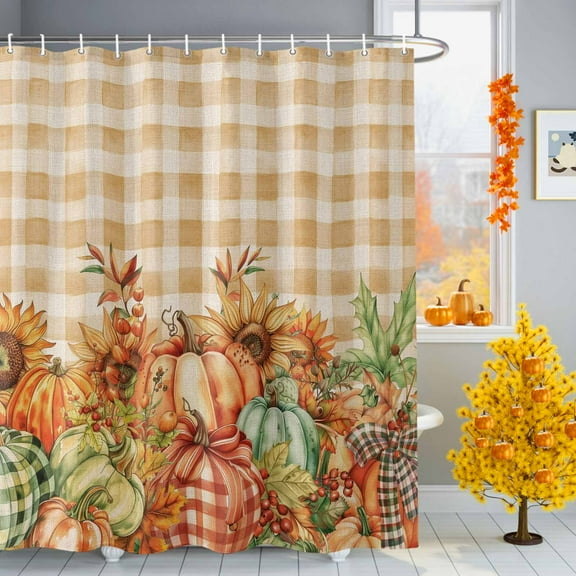 Shower Curtain 60"W x 72"L Fall Thanksgiving Pumpkins Sunflowers Retro Brown White Plaid Fabric Shower Curtains Set with Hooks Water Repellent Bathroom Curtains Machine Washable Bathroom Accessories