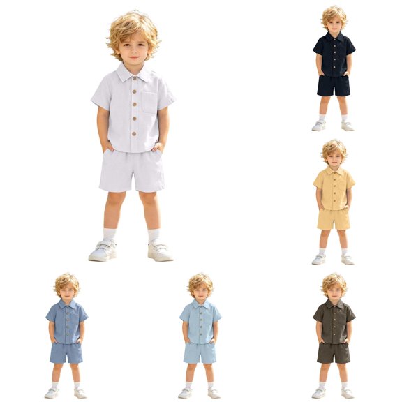 Boy’s 2 Piece Outfits Solid Color Button Down Shirts and Shorts Sets Summer Outfits Size 3-4 Years