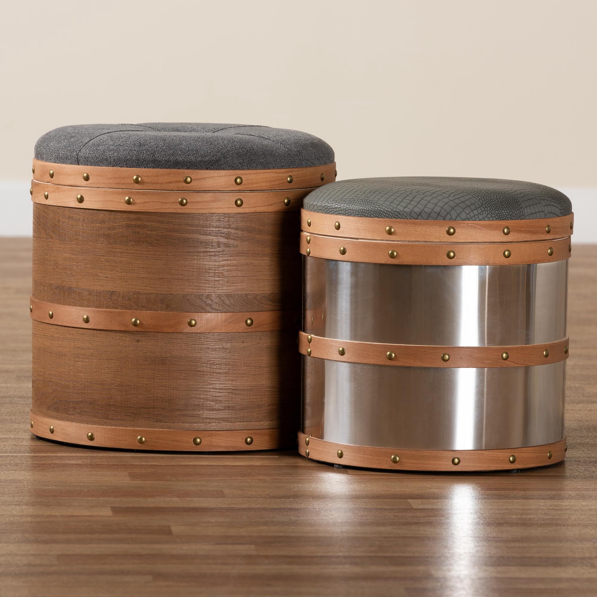 Baxton Studio Caleb Modern Grey Fabric and Alligator Faux Leather 2-Piece Storage Ottoman Set