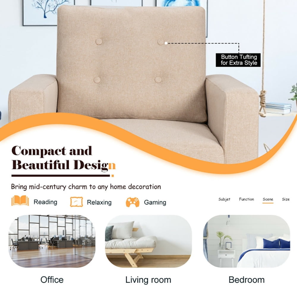 Finihen Upholstered Armchair Chair, Mid-Century Upholstered Armchair Club Chair with Rubber Wood Legs, for Living Room, Bedroom, Beige