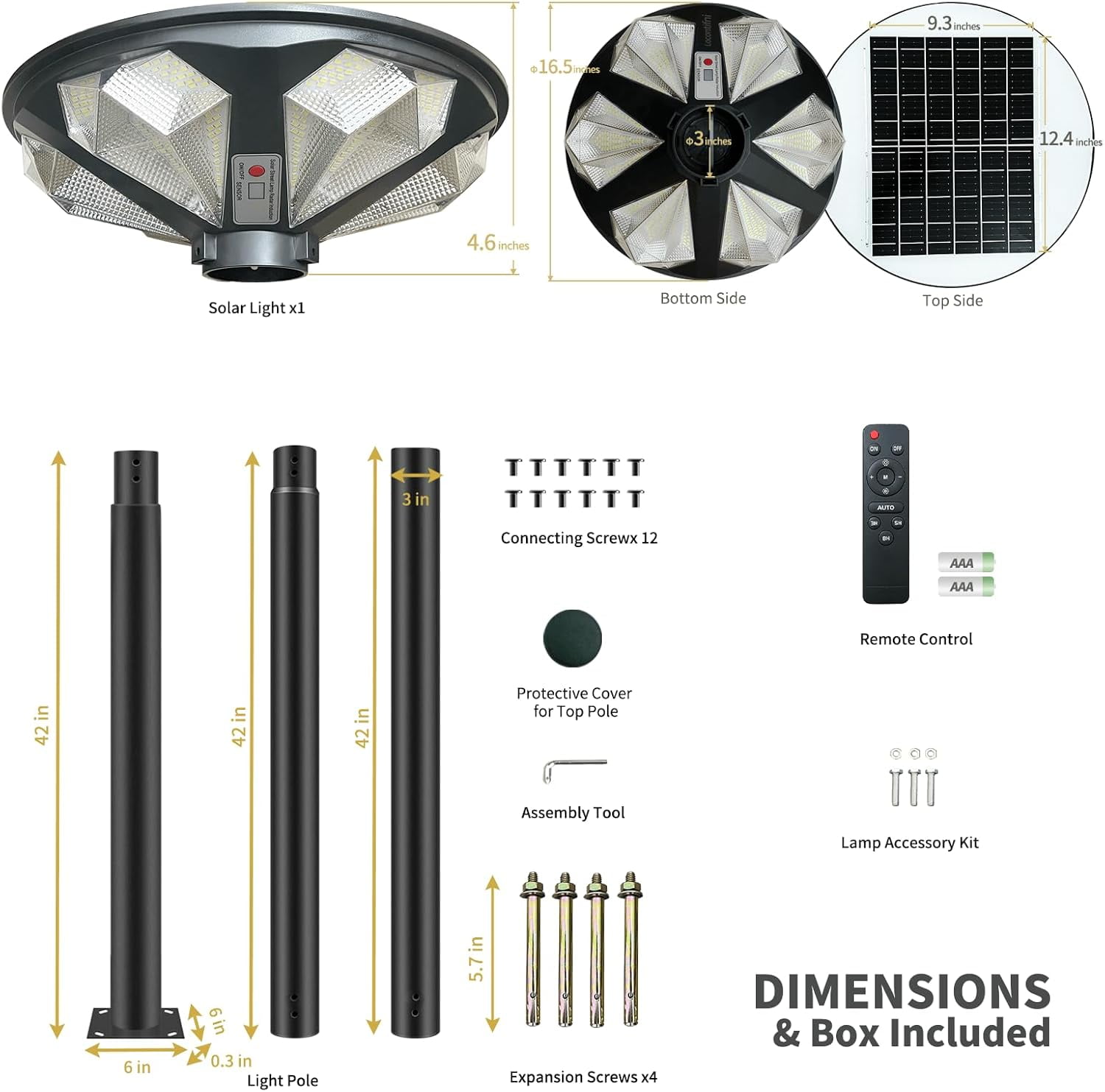 Outdoor Solar Lamp Post with 10' Galvanized Steel Light Pole, Diamond Shape, Motion Sensor, IP65 Waterproof, Dusk to Dawn, 648-LED Outdoor Solar Light with Remote for Street, Parking Lot, Pathway