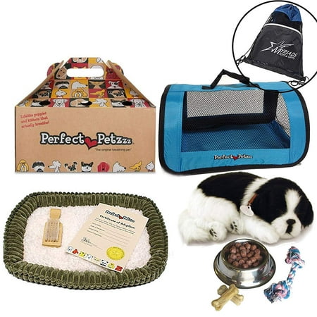 Perfect Petzzz Border Collie Breathing Pet, Blue Tote Plush Breathing Pet, Dog Food, Treats, Chew Toy Includes Myriads Drawstring
