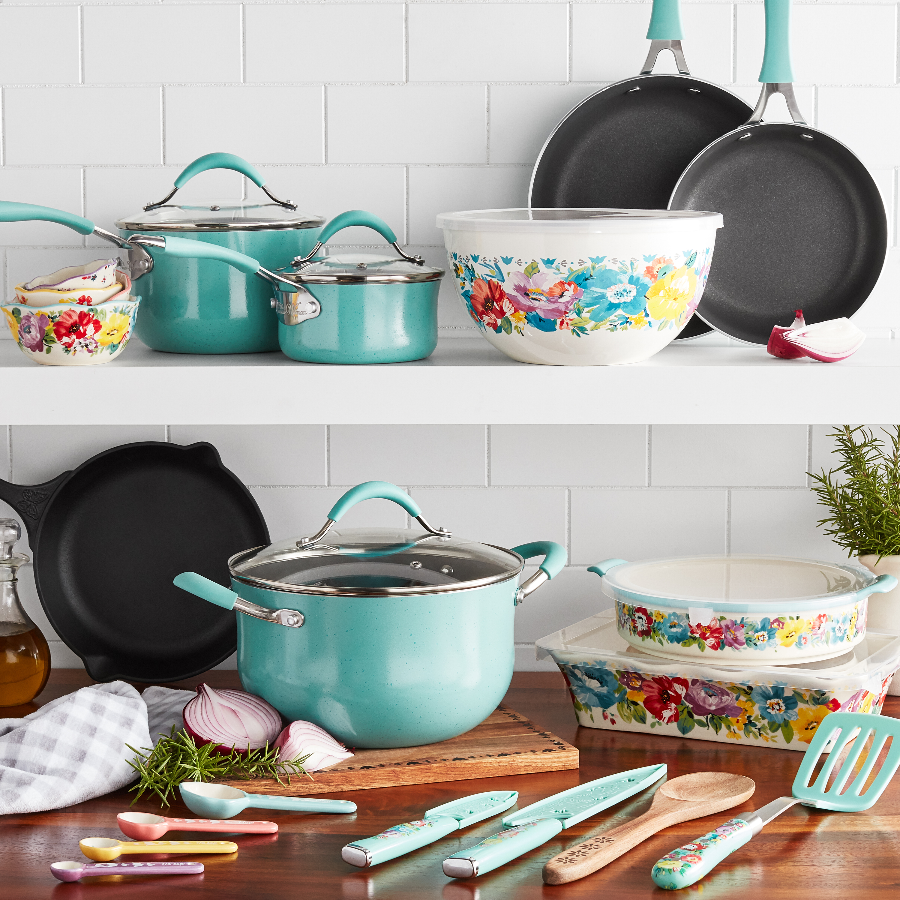The Pioneer Woman Sweet Romance 30-Piece Nonstick Cookware Set, Turquoise - image 2 of 13