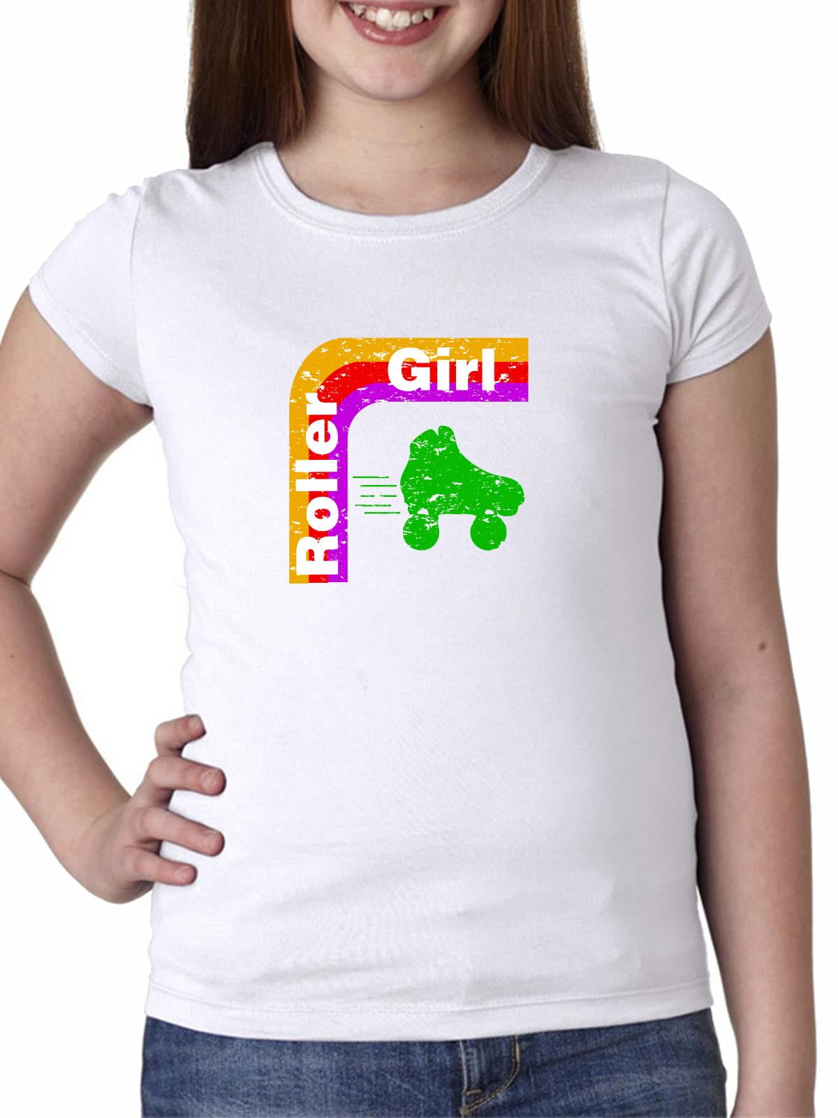Roller Girl Roller Skate & Rainbow Arch 70s Girl's Cotton Youth T-Shirt by Hollywood Thread