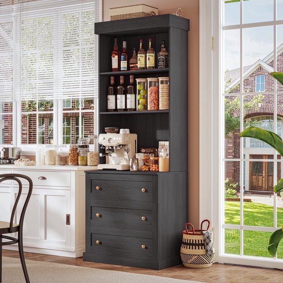 71" Tall Farmhouse Pantry Cabinet,Freestanding Coffee Bar Hutch With Adjustable Shelves and 3 Drawers for Living Room,Dining Room,Black