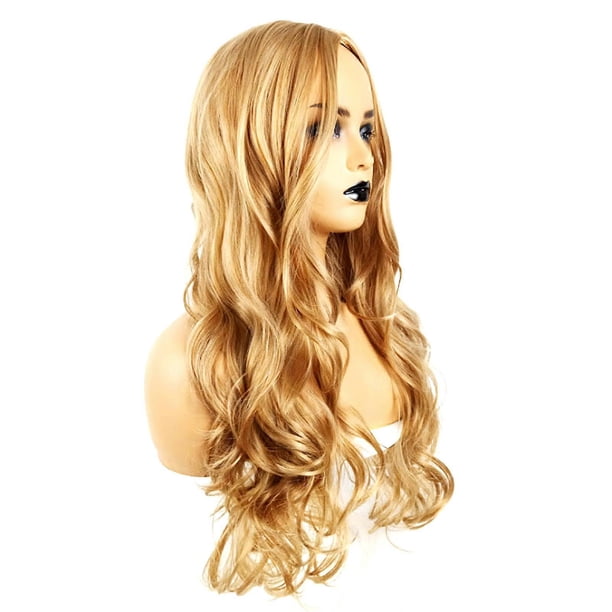 Long Curly Hair Wig Yellow Color Centre Parting Hairstyle Adjust Buckle Wavy Wigs for Women Chemical Fiber