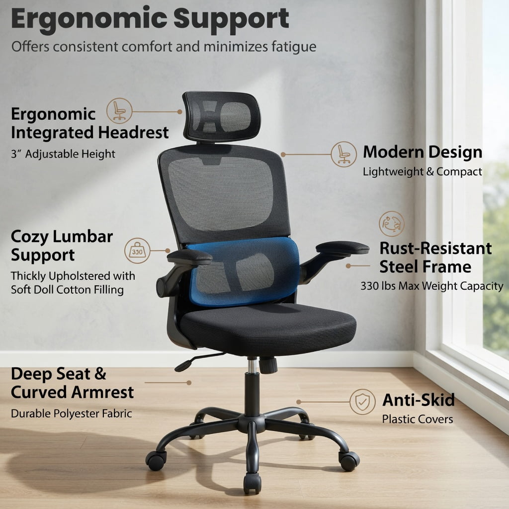 Demi Bonn Mesh Office Chair with Adaptive Lumbar Support Flip-up Armrests, Reclining Backrest, Rolling Work Computer Desk Chair, Black