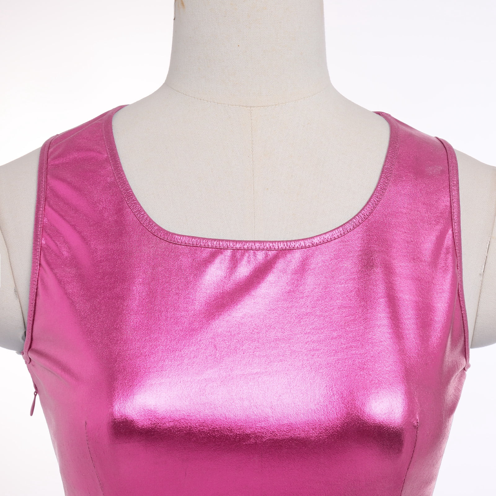 IBTOM CASTLE Women's Shiny Metallic Dress Sexy Sleeveless Mini Skater Dress Holographic Party Rave Dance Clubwear Anime Cosplay Halloween Clothes L Hot Pink