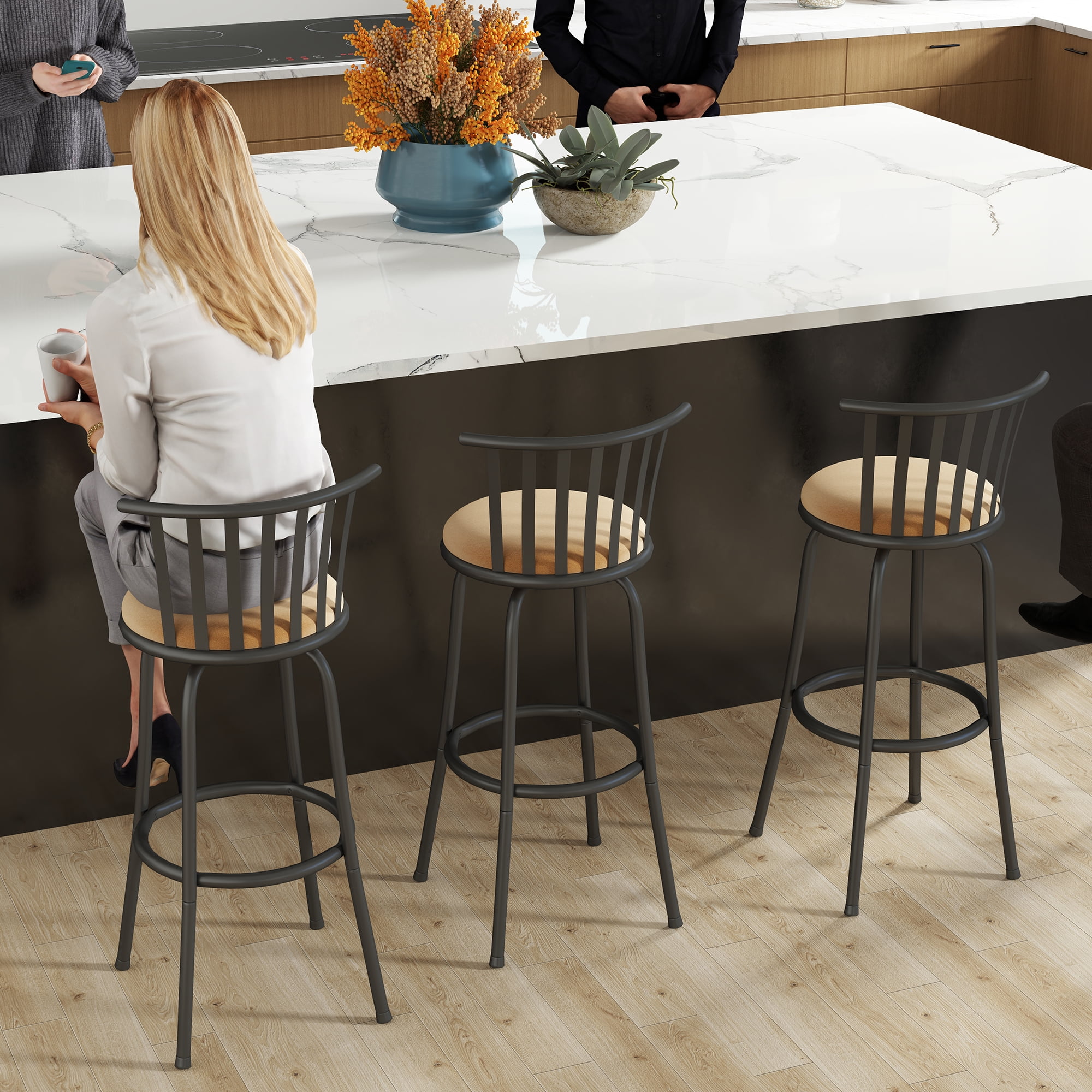Homy Casa Swivel Bar Stools Set of 3, 24 inch Counter Height Stools for Home Kitchen Island, Brown